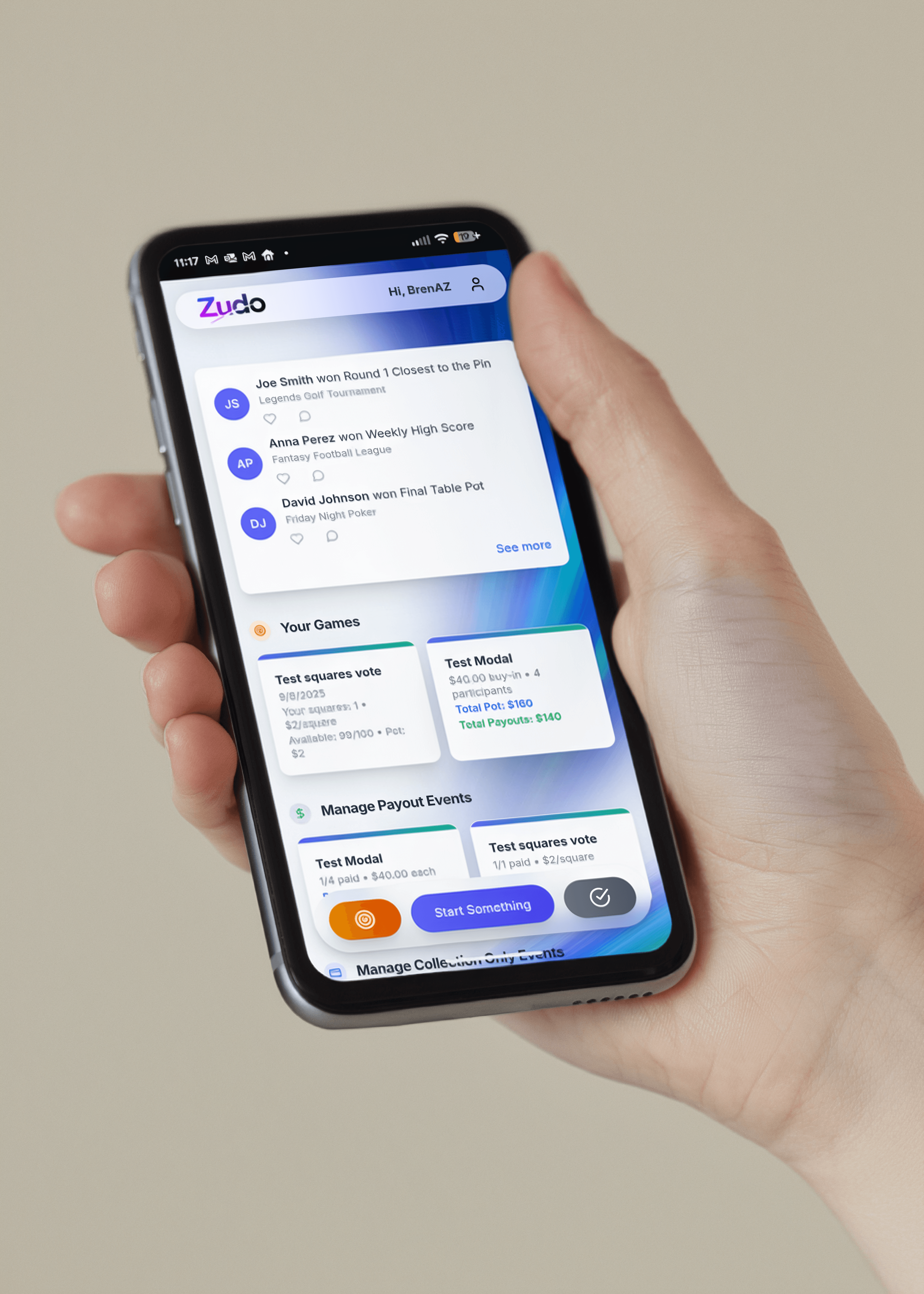 Zudo app dashboard showing event management and payment tracking